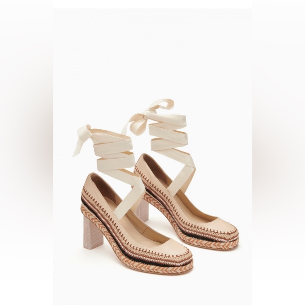 NIB Ulla Johnson Faustine Crochet Leather Lace-Up Heels in Chalk